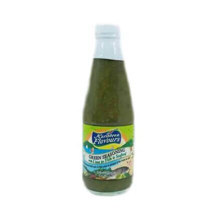 Karibbean Flavours Fresh Green Seasoning 10oz bottle, perfect for adding Caribbean flavor to meats and veggies.