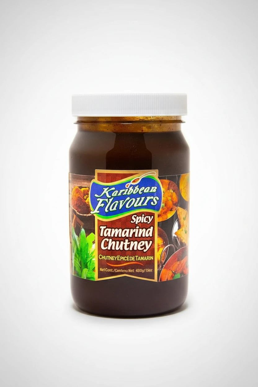 Karibbean Flavours Spicy Tamarind Chutney 13oz jar, vibrant and tangy chutney for enhancing meals.