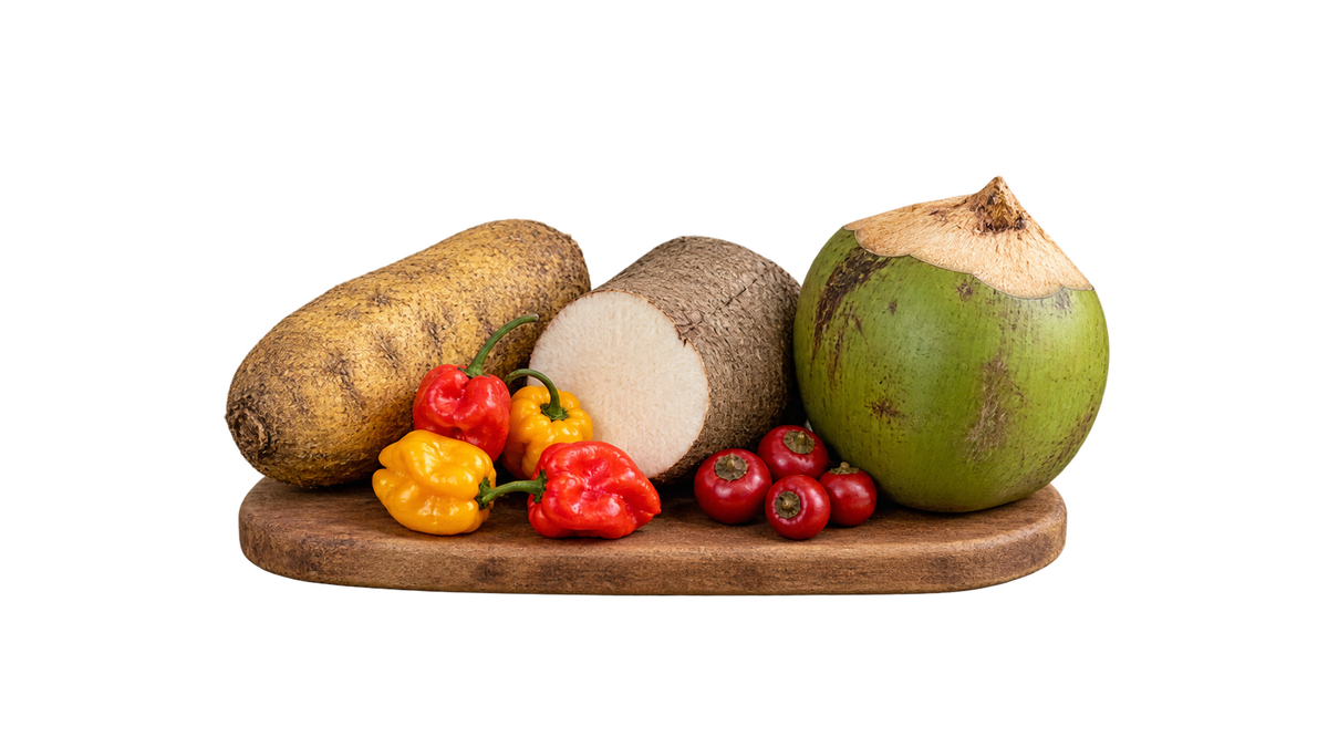 Fresh Produce collection with yams, peppers and green coconut on transparent background