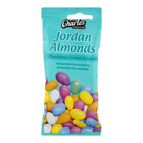 CHARLES JORDAN ALMONDS pack showcasing colorful chocolate-coated almonds, perfect for celebrations and gifting.