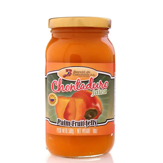 Chontaduro de Colombia 18oz jalea jar, vibrant palm fruit jelly for delicious breakfasts and snacks.
