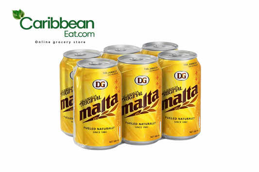 Pack of DG Original Malta cans with Caribbean Eat.com logo on a white background
