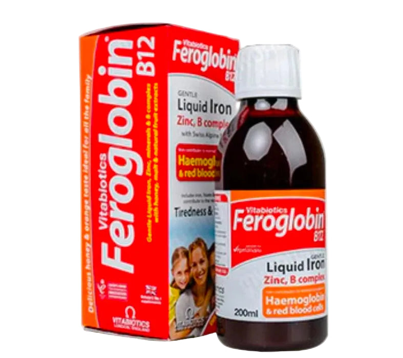 Feroglobin B12 iron supplement bottle and packaging on a white background