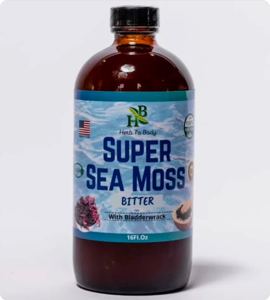 Bottle of Super Sea Moss Bitter with Bladderwrack on a white background