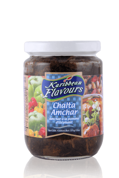 Karibbean Flavours Chalta Amchar 13oz jar featuring tangy chutney with unique elephant apple flavor.