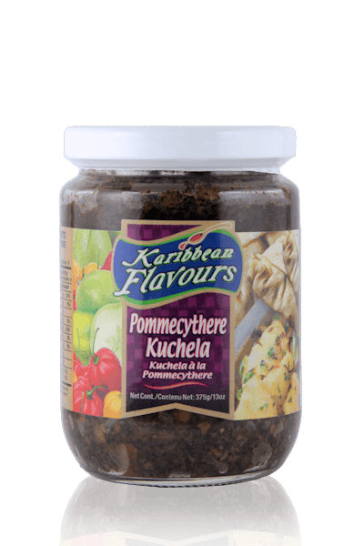 Karibbean Flavours Pommecythere Kuchela 13oz jar showcasing tangy Caribbean relish for adding flavor to meals.