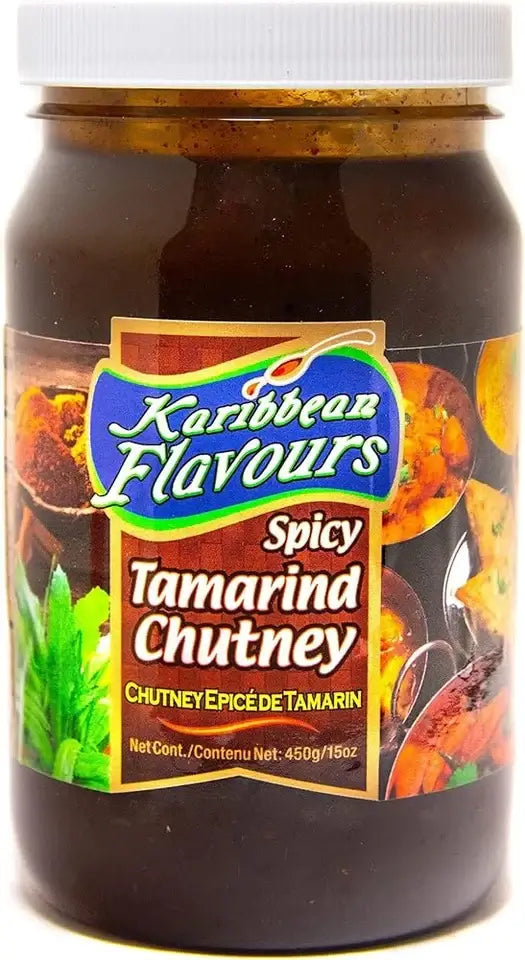 Karibbean Flavours Spicy Tamarind Chutney 13oz jar, vibrant and tangy chutney for enhancing meals.