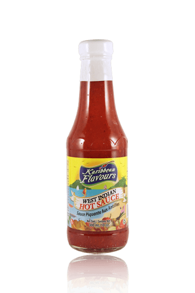 Karibbean Flavours West Indian Hot Sauce 10oz bottle, perfect for adding bold heat and flavor to your dishes.