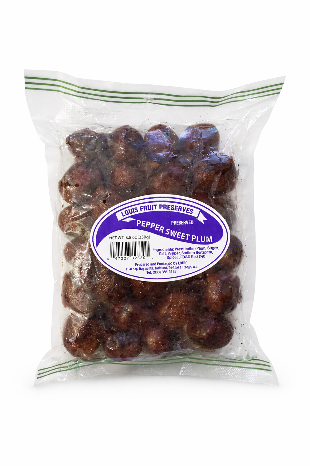 Packaged pepper sweet plums with a label on a white background