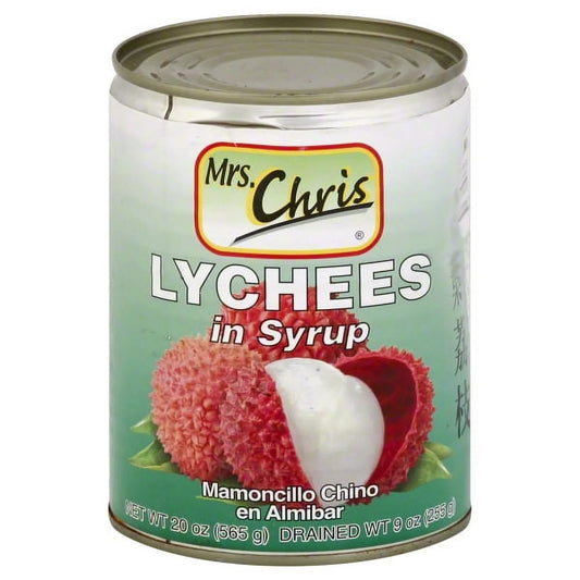 MRS CHRIS Lychees in Syrup 20oz can featuring juicy lychees in light syrup, perfect for desserts and cocktails.