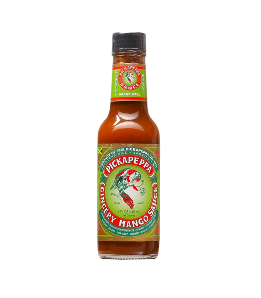 Bottle of Pickapeppa Gingery Mango Sauce on a white background