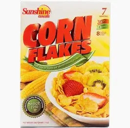 Sunshine Corn Flakes 18oz box featuring crisp flakes with strawberries and kiwi for a wholesome breakfast.