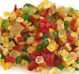Colorful Tutti Fruit Mix featuring sweet, chewy diced fruits in vibrant red, green, and yellow hues, perfect for baking and snacking.