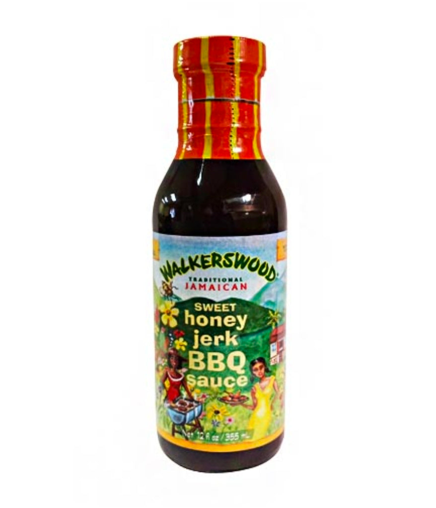 Bottle of Walkerswood Sweet Honey Jerk BBQ Sauce on a white background