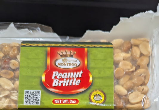 ROYAL MONTEGO Peanut Brittle 2oz package featuring crunchy peanuts in caramelized sugar.