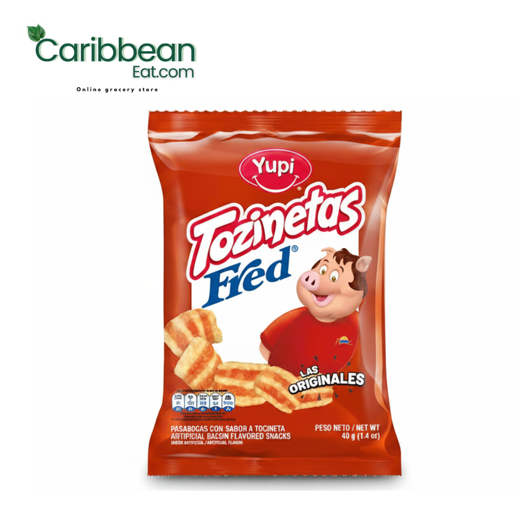 Yupis Tozinetas Fred 40g 8 Pack, authentic Colombian bacon-flavored snack.